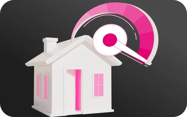 Illustration eines weißen Hauses mit magentafarbenen Fenstern und einem Tacho darüber, der die hohe Geschwindigkeit einer Glasfaserverbindung symbolisiert.