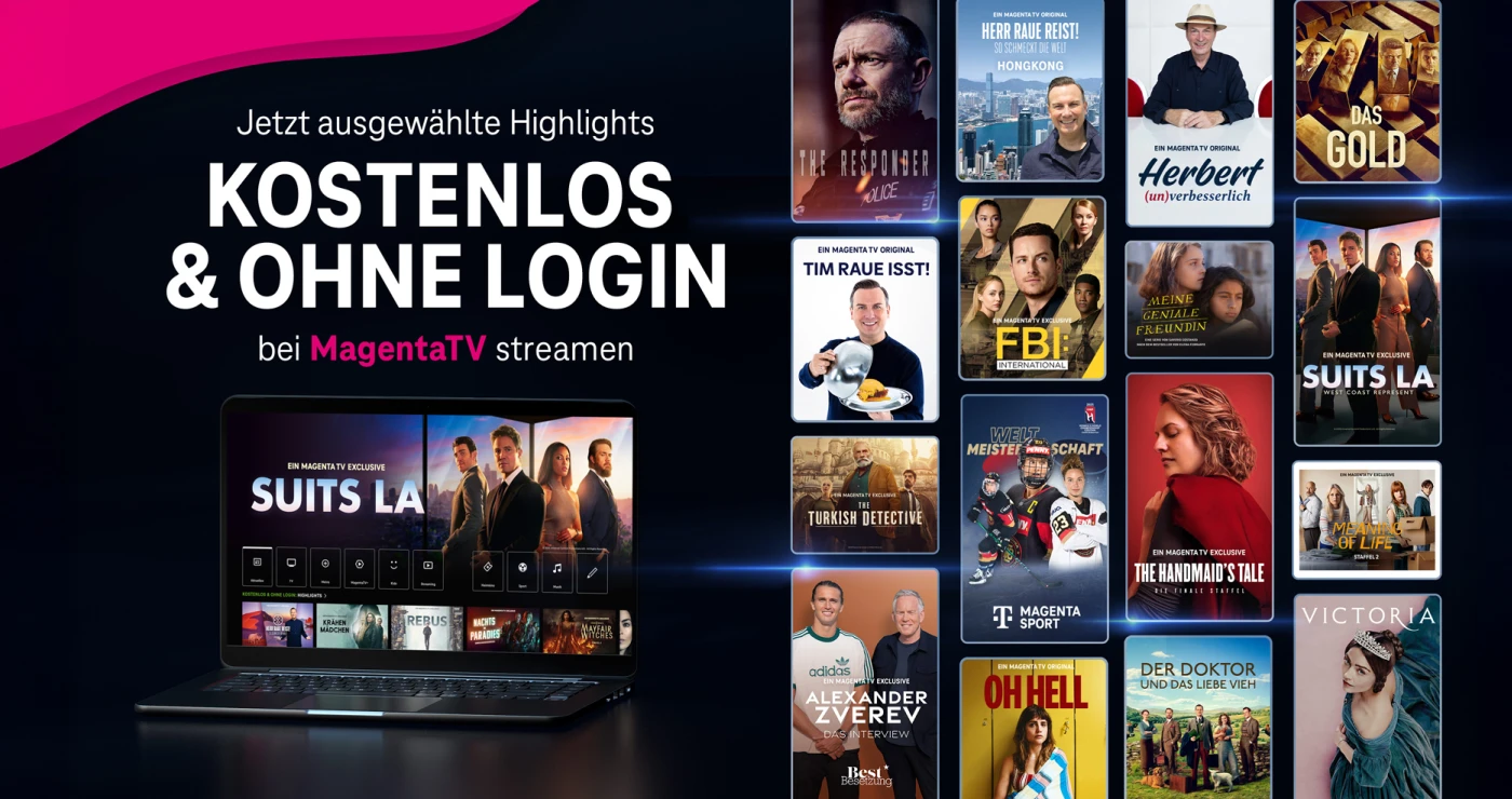 Laptop, der MagentaTV Startbildschirm zeigt. Rechts daneben sieht man eine große Auswahl an Serien, die bei Telekom MagentaTV Freemium kostenlos enthalten sind.